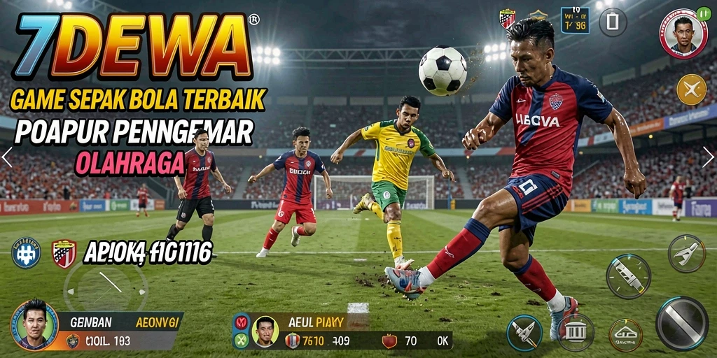 Screenshot gameplay 7DEWA menampilkan aksi sepak bola yang mendebarkan.