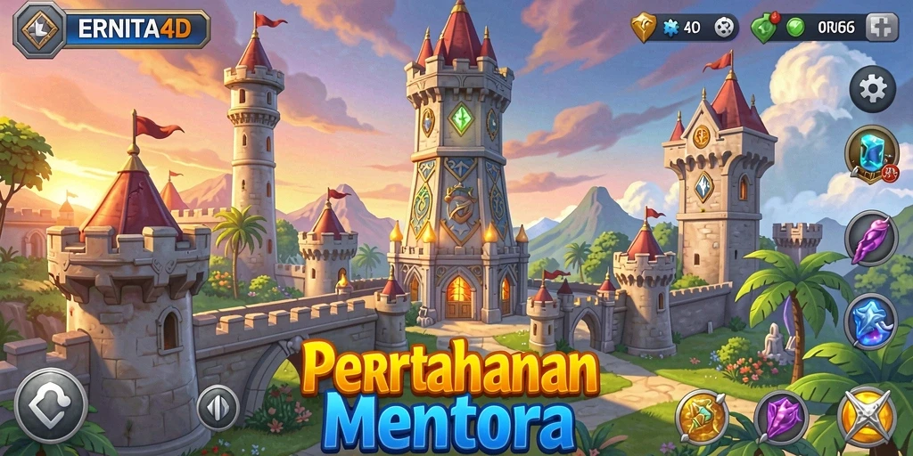 Screenshot gameplay ERNITA4D dengan tampilan menara yang siap bertahan.