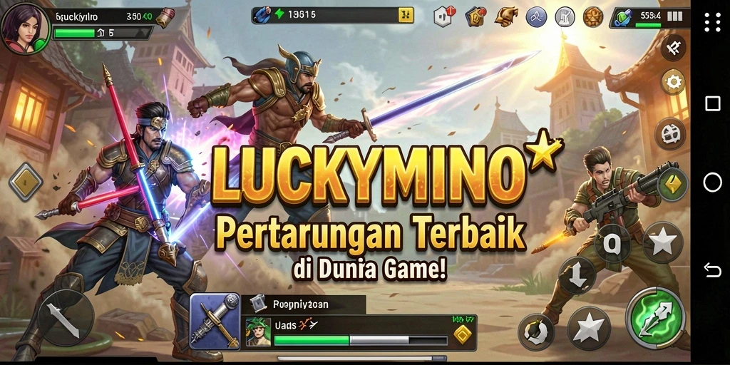 Screenshot gameplay LUCKYMINO menampilkan pertempuran seru antar karakter.