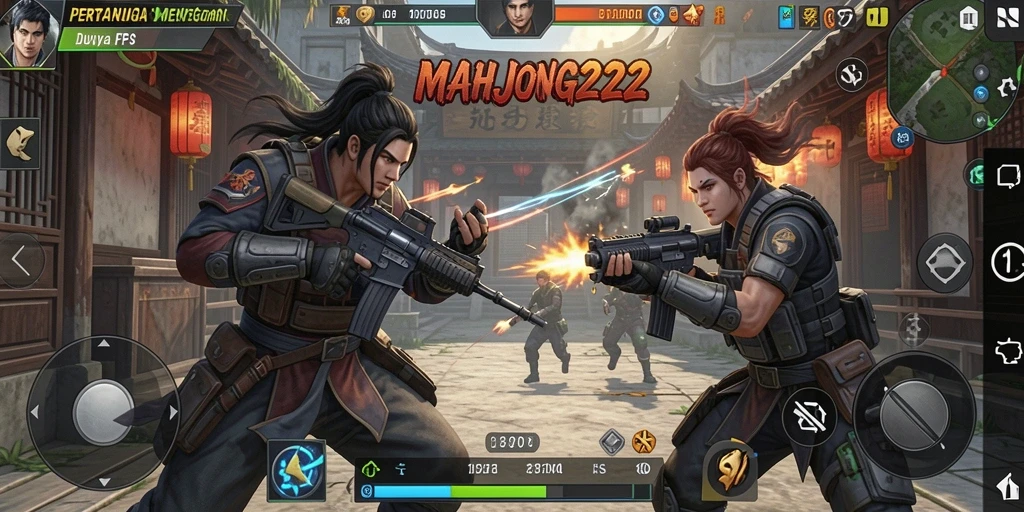 Screenshot gameplay MAHJONG222 menunjukkan aksi tembak-menembak yang intens.