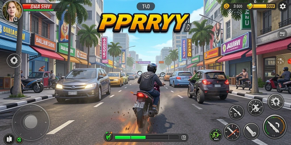 Screenshot gameplay PPRRYY dengan aksi balapan yang mendebarkan.