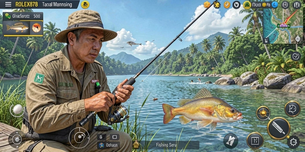 Screenshot utama ROLEX878 menampilkan gameplay seru memancing dengan berbagai jenis ikan.