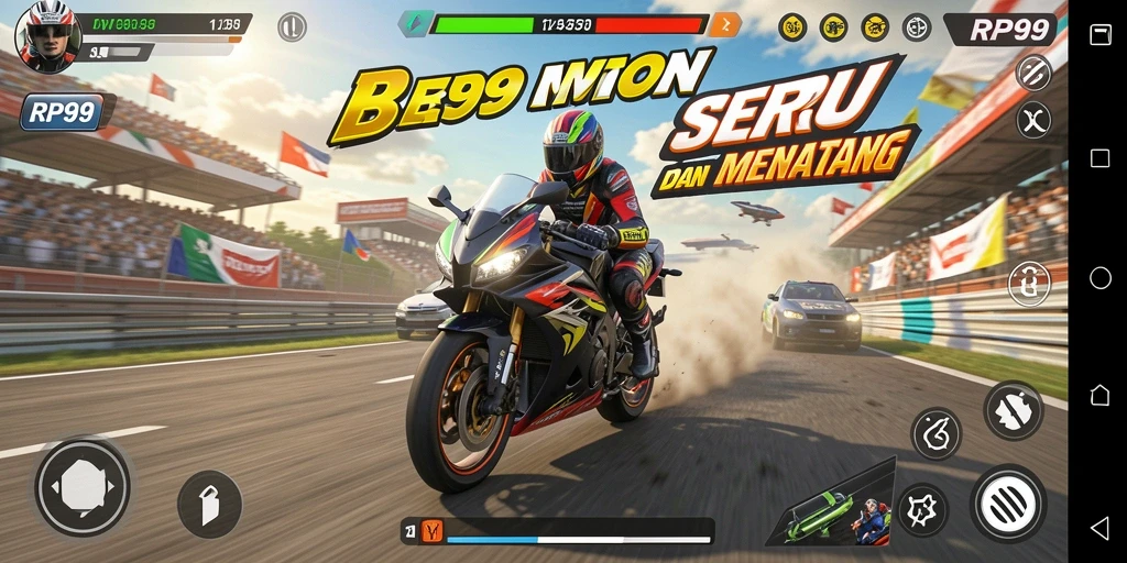 Screenshot dari gameplay utama balapan motor yang mendebarkan.