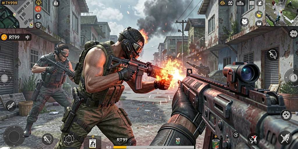 Tampilan gameplay FPS yang mendebarkan dalam RT99.