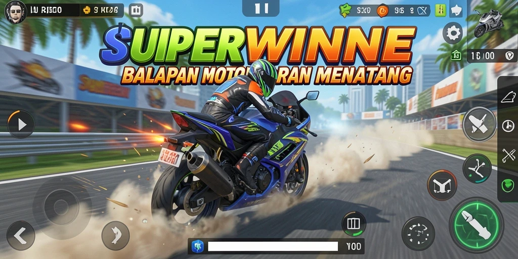 Tampilan gameplay SUPERWINNER dengan motor balap yang cepat dan trek menantang.