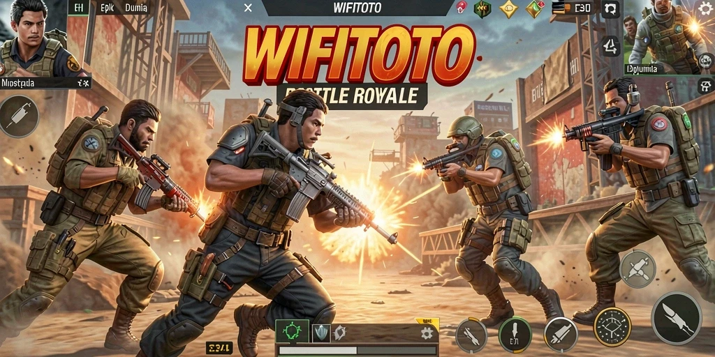 Tampilan screenshot utama WIFITOTO menampilkan aksi pertempuran seru dalam game Battle Royale.