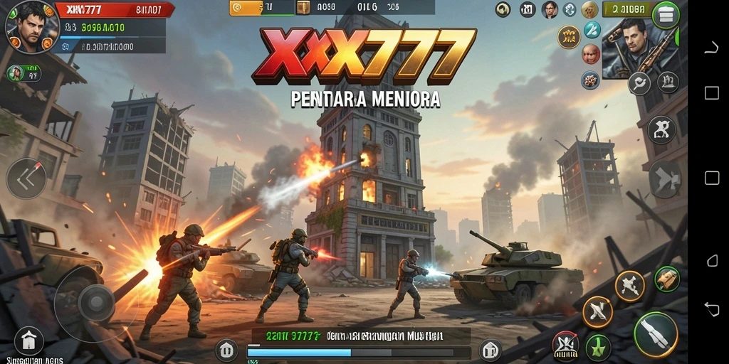 Tampilan screenshot XXX777 menampilkan pertahanan menara melawan gelombang musuh.